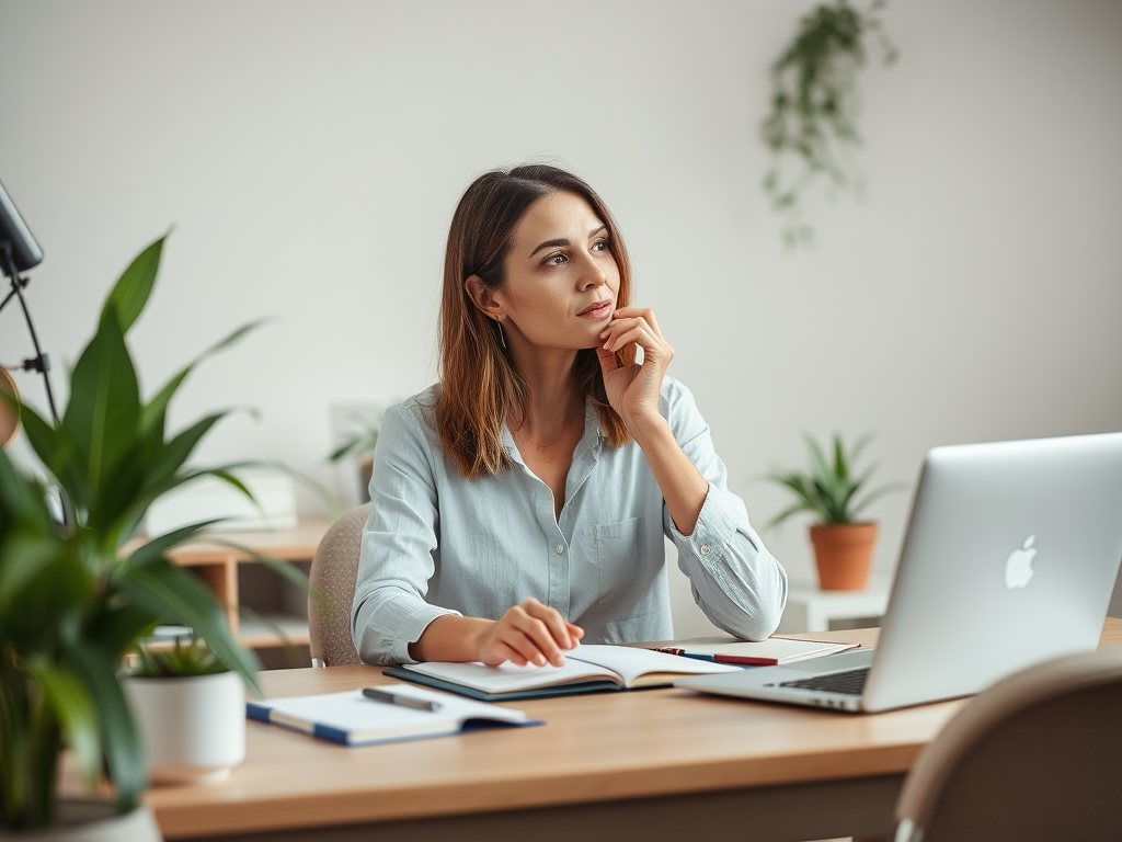 Een vrouw die nadenkt aan een bureau, omringd door planten.