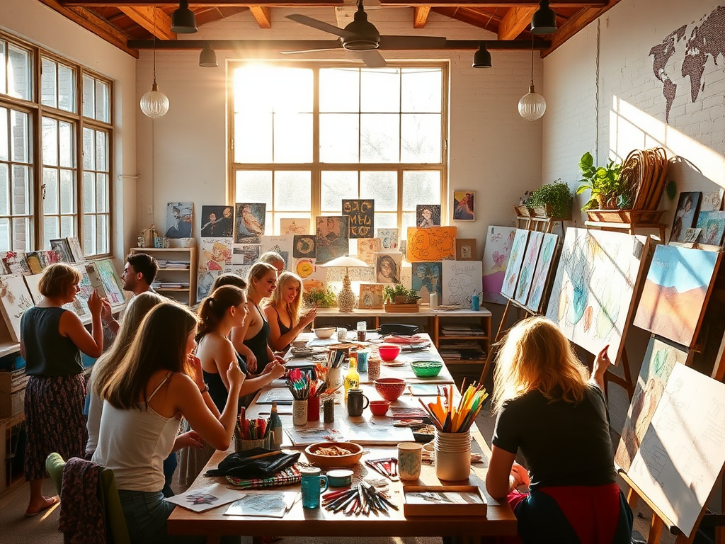 Creatieve workshop met deelnemers en kleurrijke kunstmaterialen.