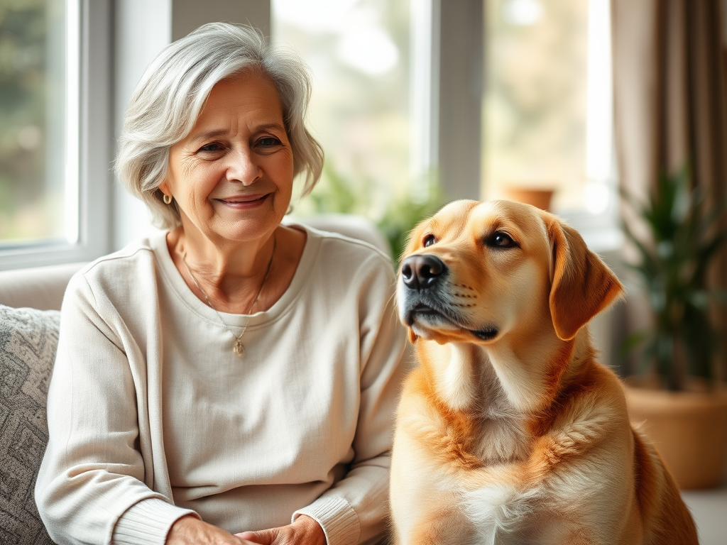 "a calm woman over 50" "gentle dog sitting beside her" "serene home environment" "soft natural light" "symbols of peace and trust" "relaxed expressions" "warm, cozy atmosphere"