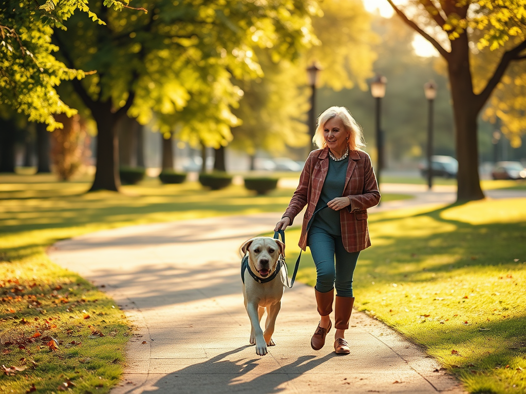 "Mature woman over fifty" gently "walking her dog" in a "sunlit park," surrounded by "calm nature," radiating "peace and companionship."