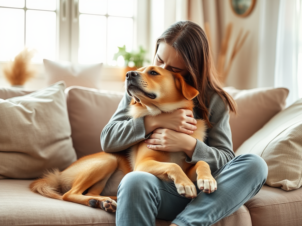 A calm person gently hugging a relaxed dog in a cozy, sunlit living room with soft cushions, warm tones, and peaceful atmosphere.