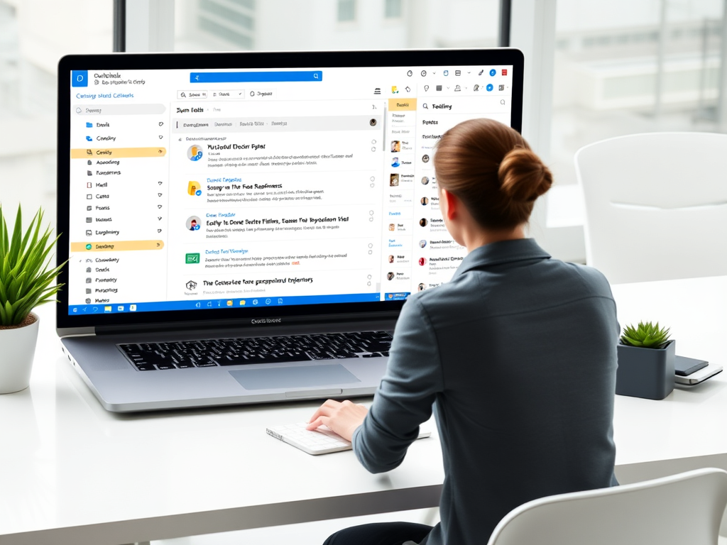 A modern digital workspace showing "a sleek laptop screen with an organized Outlook inbox," "color-coded email categories," "smart folders and filters," "a shared calendar with appointments and reminders," and "a focused professional managing tasks effici