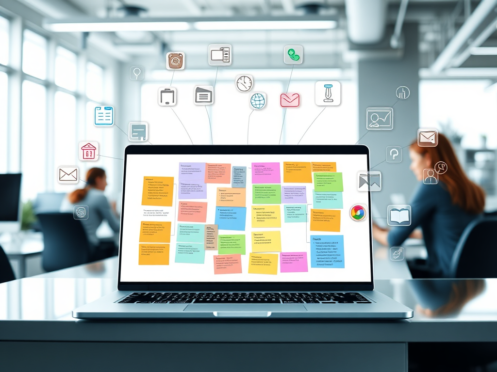 A sleek digital workspace with "a laptop displaying organized colorful notes," "connected apps icons floating around," "collaborative team working together," "bright clean modern office background," "calm productive atmosphere."