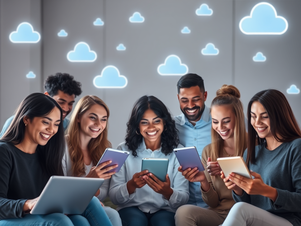 A diverse group of happy people sharing digital files on various devices, surrounded by floating secure cloud icons, glowing softly, with a modern, sleek tech atmosphere.