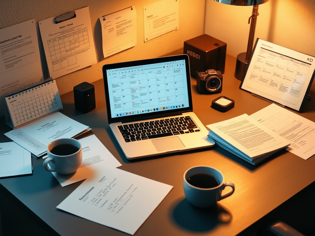 A modern office desk with a laptop open, organized papers, a calendar, a cup of coffee, and a glowing warm light suggesting productivity and calm.