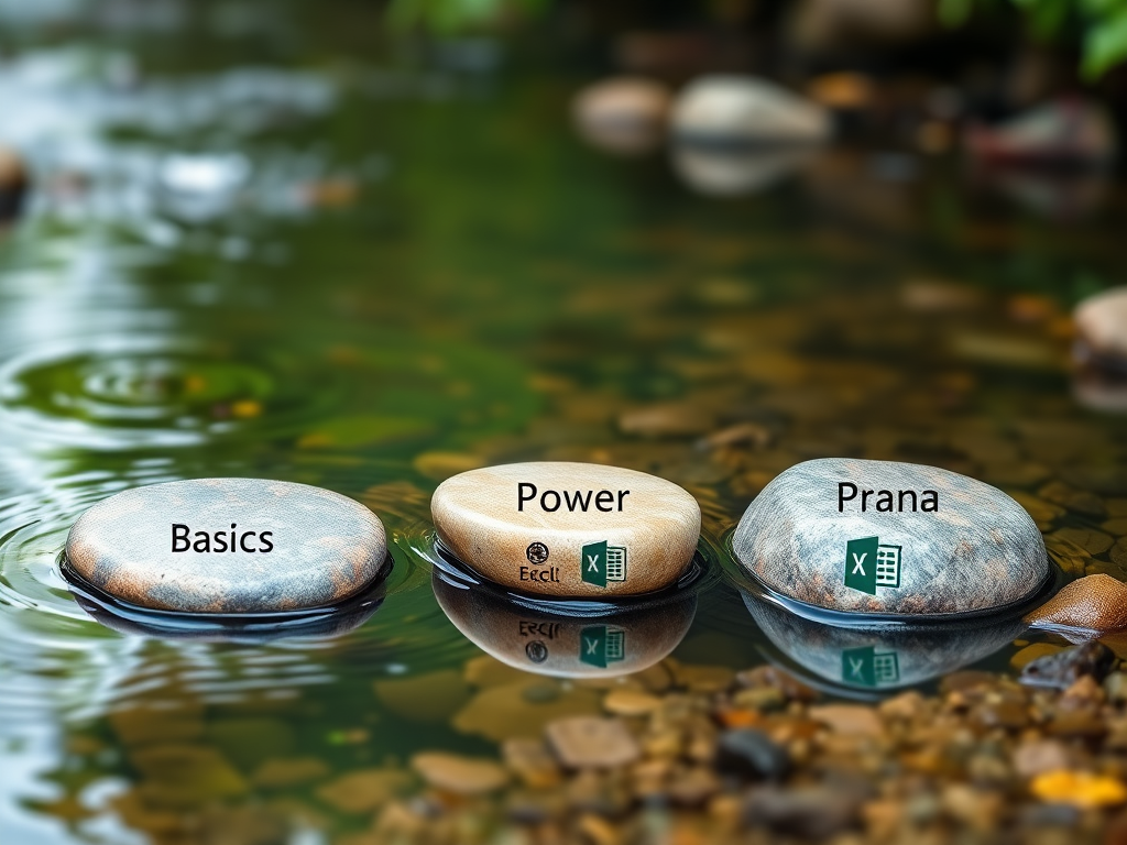 A three-step training journey symbolized by "step stones" across a stream, each stone representing basics, power, and prana with vibrant colors, Excel-themed icons, and learning elements.