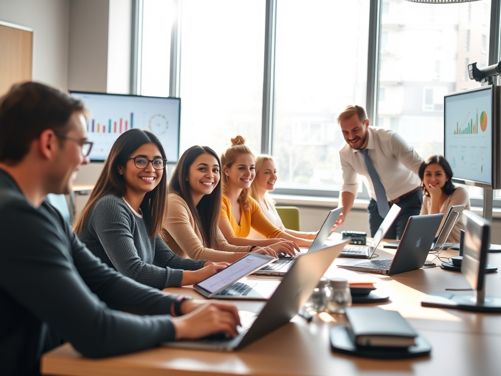 "a diverse group of happy people" "using laptops and tablets" "bright, modern classroom setting" "colorful charts and graphs on screens" "friendly instructor assisting" "sunlight streaming through large windows" "warm, inviting atmosphere"