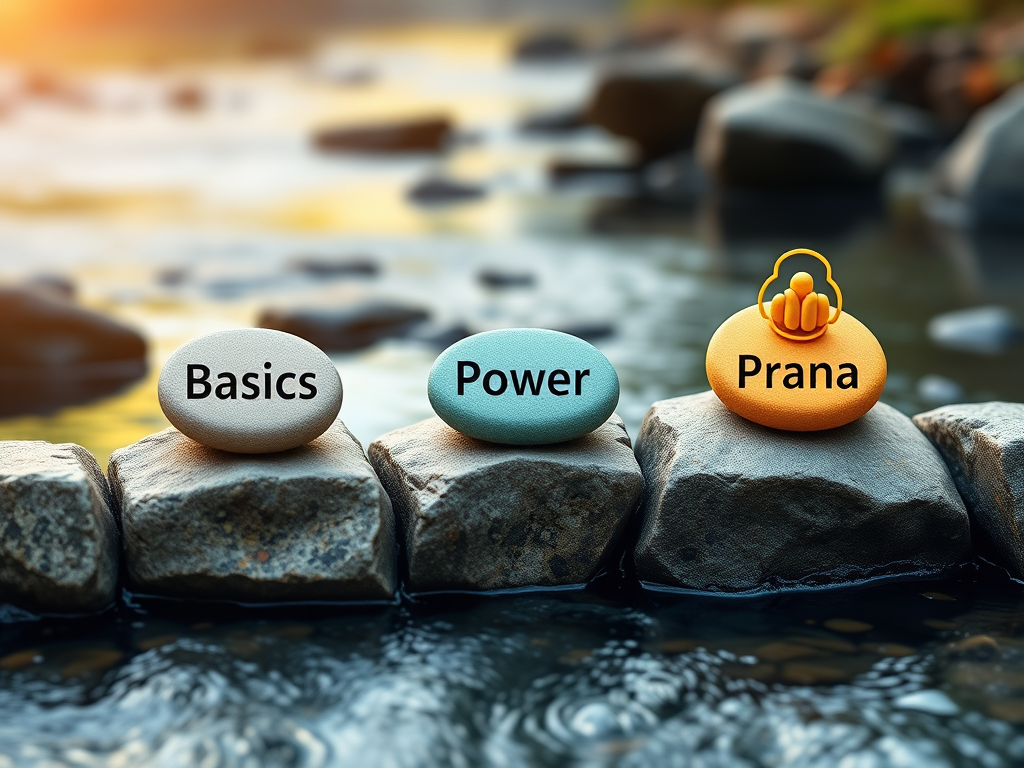 A three-step training journey symbolized by "step stones" across a stream, each stone representing basics, power, and prana with vibrant colors, Excel-themed icons, and learning elements.