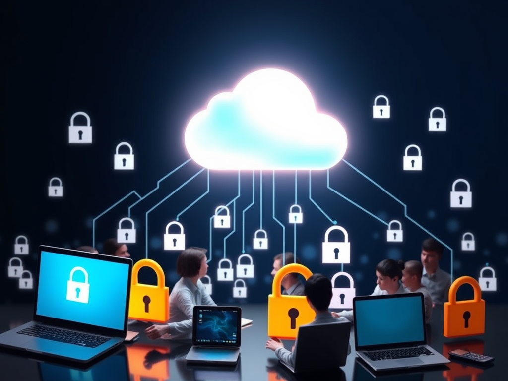 A modern cloud storage concept, "glowing cloud icon" above "diverse people sharing digital files" surrounded by "secure locks and encrypted data streams" over "multiple devices like laptops and smartphones."