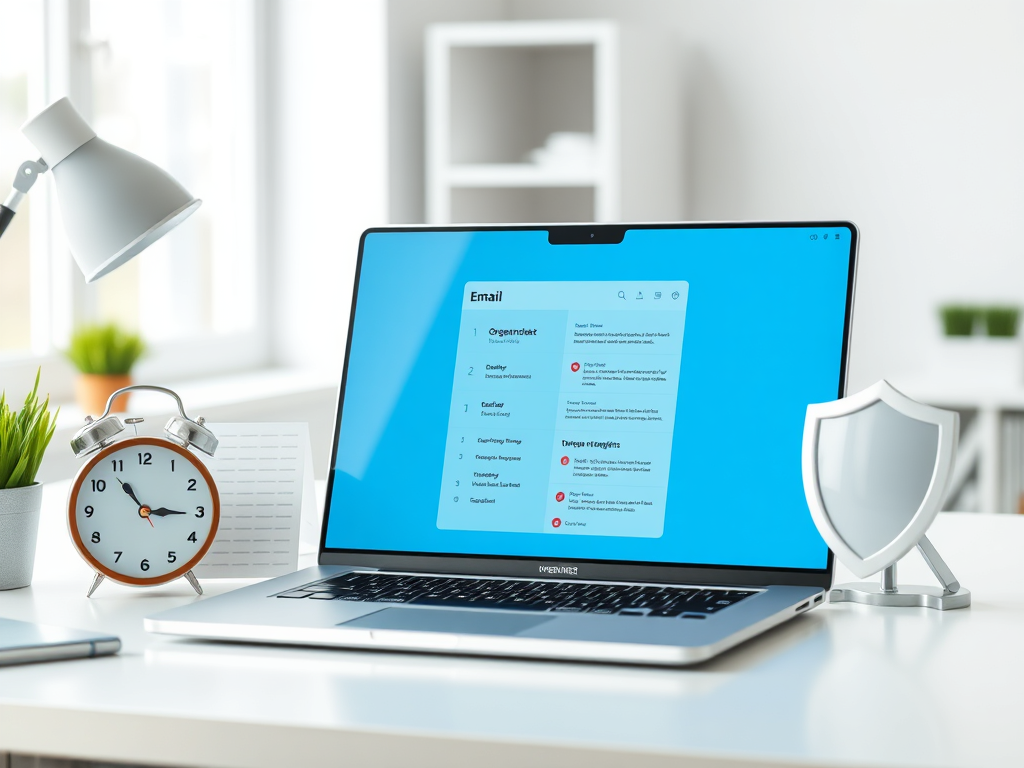 A modern digital workspace with "a sleek laptop displaying an organized email inbox," "a calendar and task list beside it," "a clock symbolizing time management," and "a shield icon representing cybersecurity," all set on a clean desk with natural light.