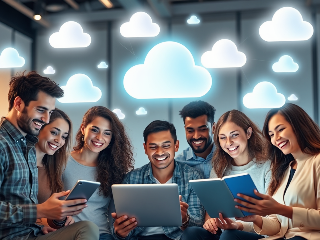 A diverse group of happy people sharing digital files on various devices, surrounded by floating secure cloud icons, glowing softly, with a modern, sleek tech atmosphere.