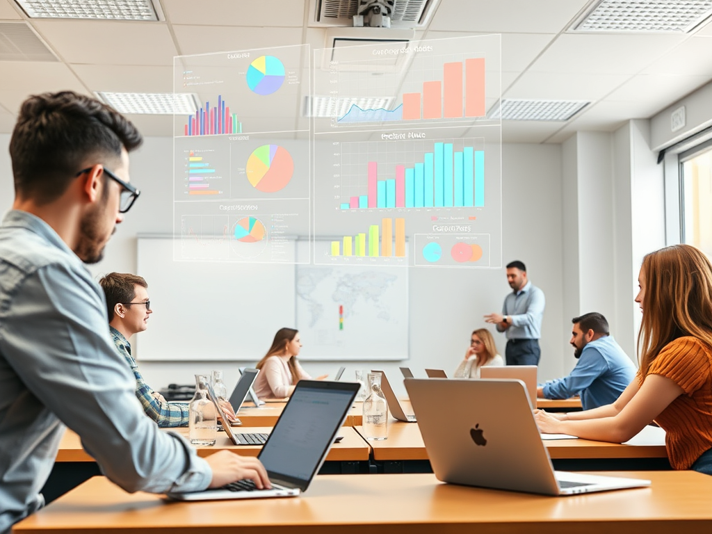 A bright, modern classroom with diverse adults focused on laptops, colorful charts and graphs floating holographically above desks, friendly instructor guiding.
