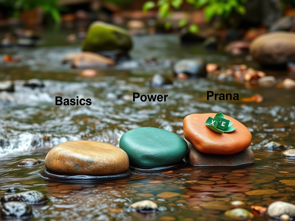 A three-step training journey symbolized by "step stones" across a stream, each stone representing basics, power, and prana with vibrant colors, Excel-themed icons, and learning elements.