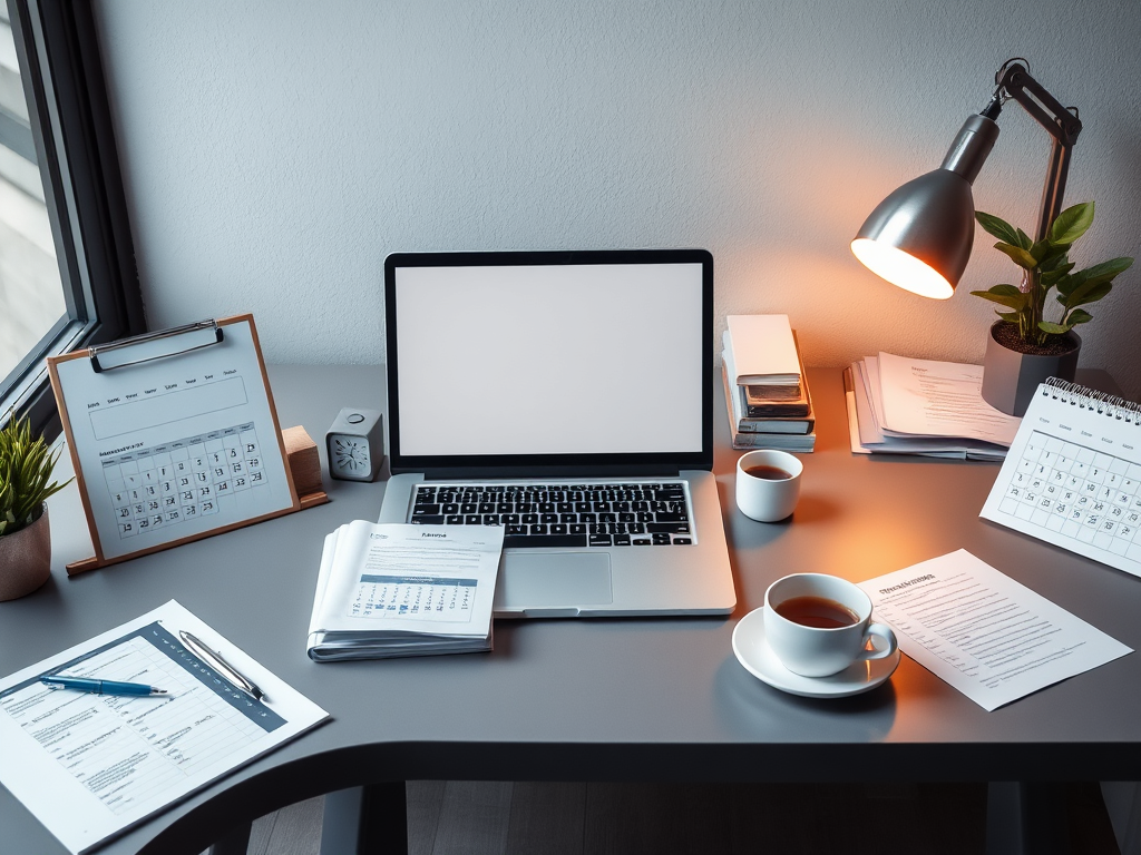 A modern office desk with a laptop open, organized papers, a calendar, a cup of coffee, and a glowing warm light suggesting productivity and calm.