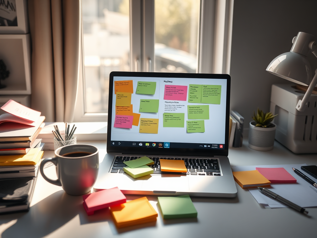 A modern workspace with a laptop displaying digital notes, colorful sticky notes, a cup of coffee, sunlight streaming through a window, and a calm, organized desk environment.