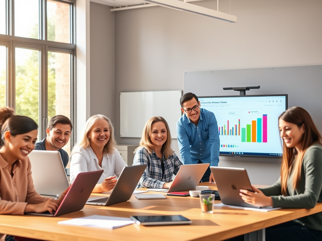 "a diverse group of happy people" "using laptops and tablets" "bright, modern classroom setting" "colorful charts and graphs on screens" "friendly instructor assisting" "sunlight streaming through large windows" "warm, inviting atmosphere"