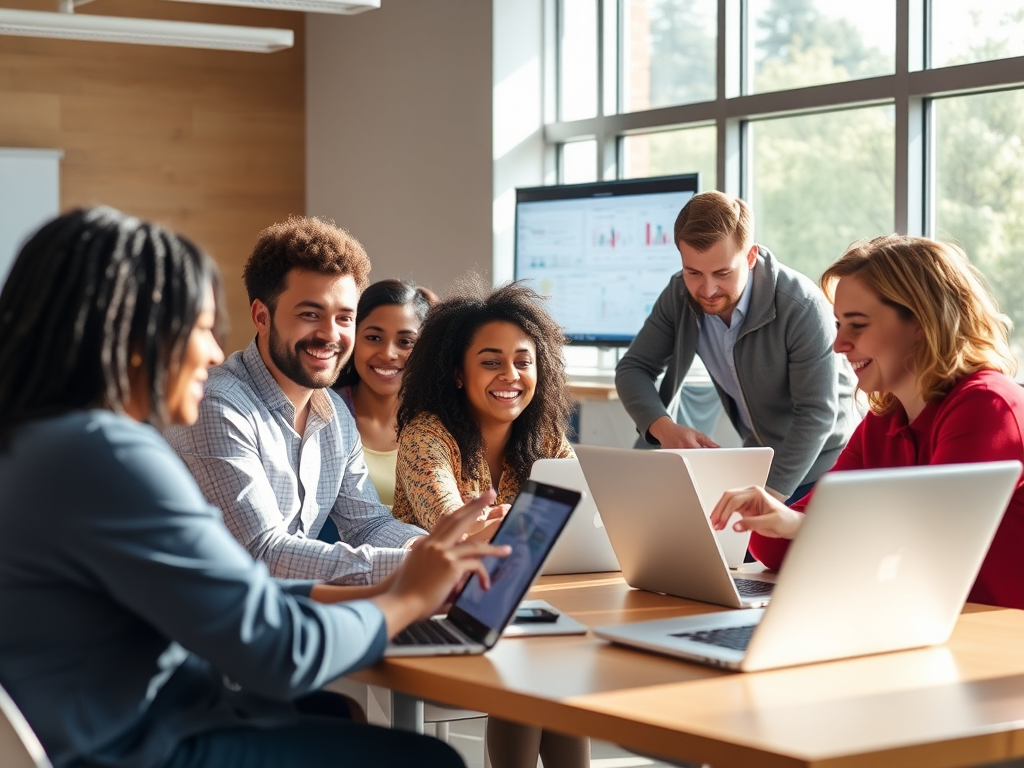 "a diverse group of happy people" "using laptops and tablets" "bright, modern classroom setting" "colorful charts and graphs on screens" "friendly instructor assisting" "sunlight streaming through large windows" "warm, inviting atmosphere"