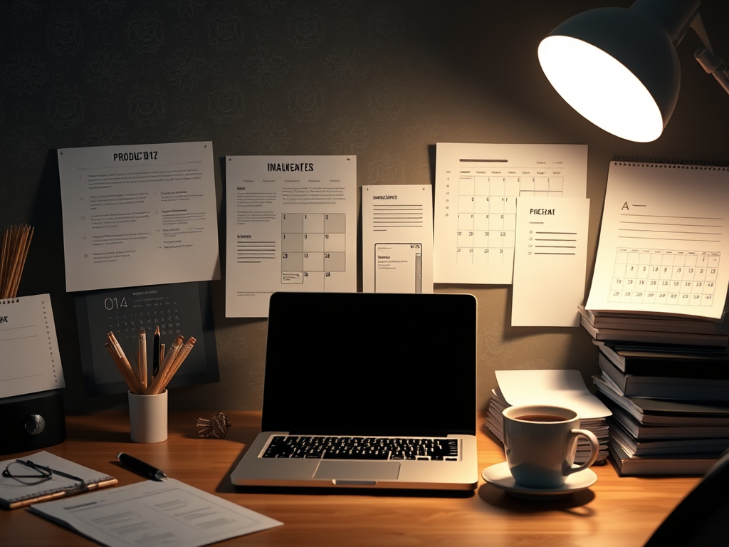 A modern office desk with a laptop open, organized papers, a calendar, a cup of coffee, and a glowing warm light suggesting productivity and calm.