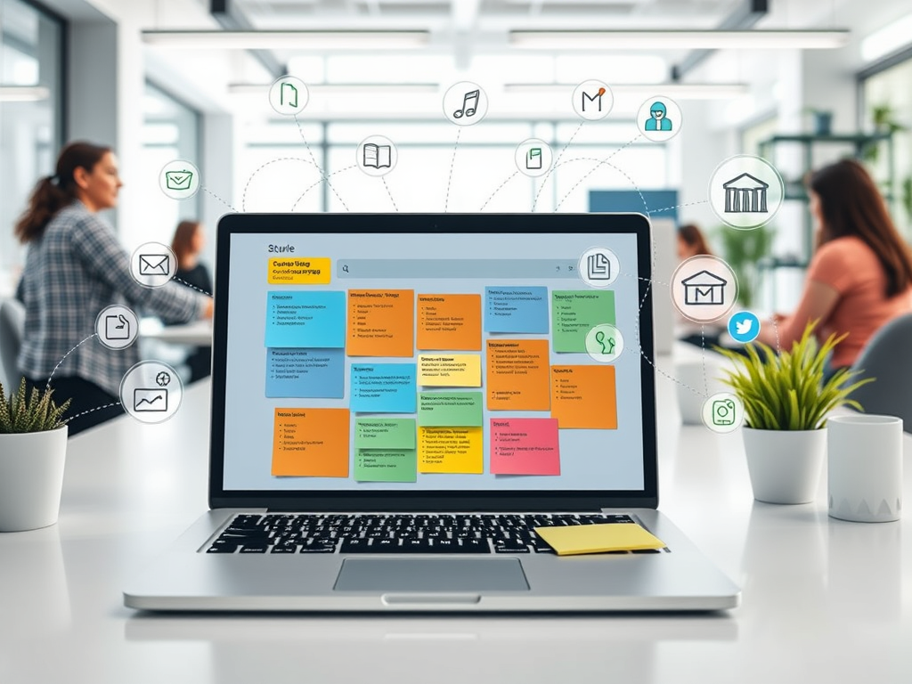 A sleek digital workspace with "a laptop displaying organized colorful notes," "connected apps icons floating around," "collaborative team working together," "bright clean modern office background," "calm productive atmosphere."
