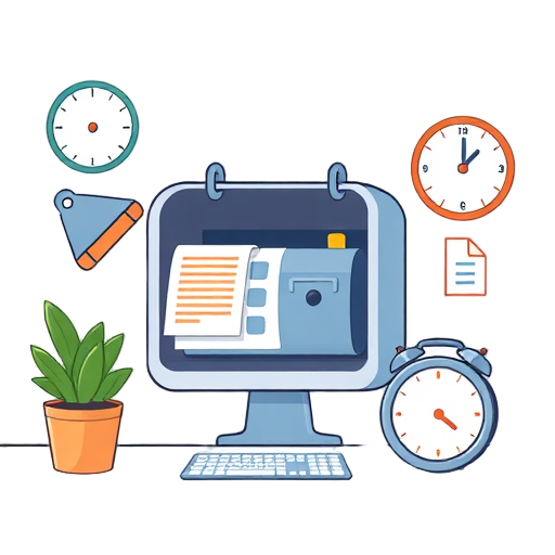 "Organized calendar" "Efficient mailbox" "Task checklist" "Clock time" "Calm workspace"