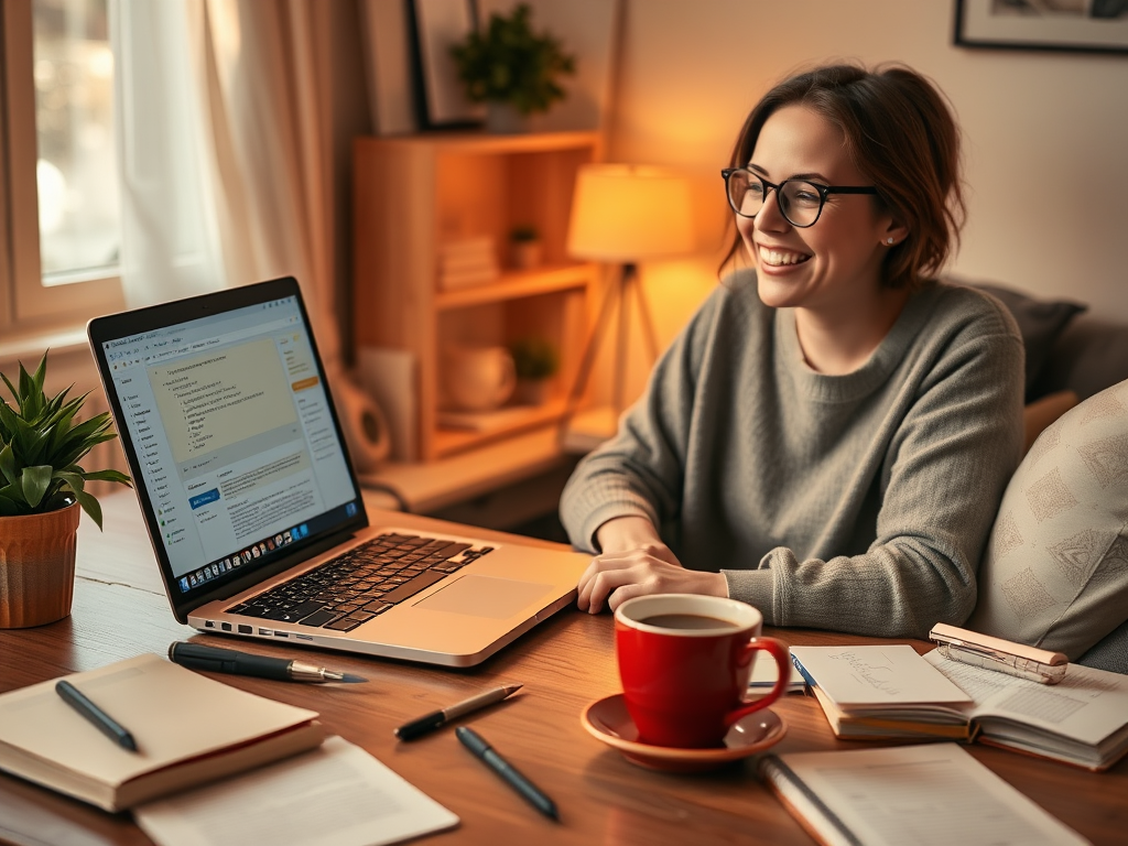 A cozy workspace with a laptop displaying organized digital notes, warm lighting, a cup of coffee, scattered notebooks, and a relaxed person smiling while working.