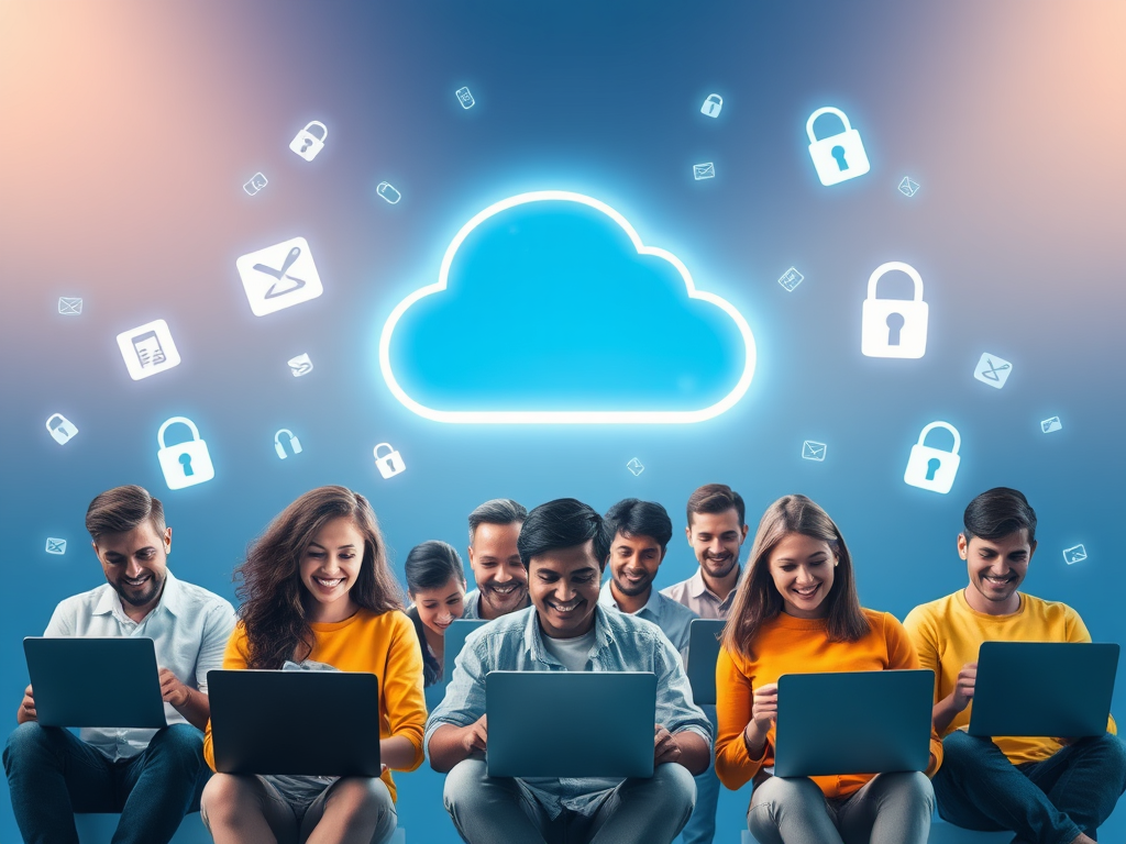 A glowing blue cloud symbol above a diverse group of happy people using laptops and smartphones, surrounded by floating digital files and secure locks, vibrant and futuristic.