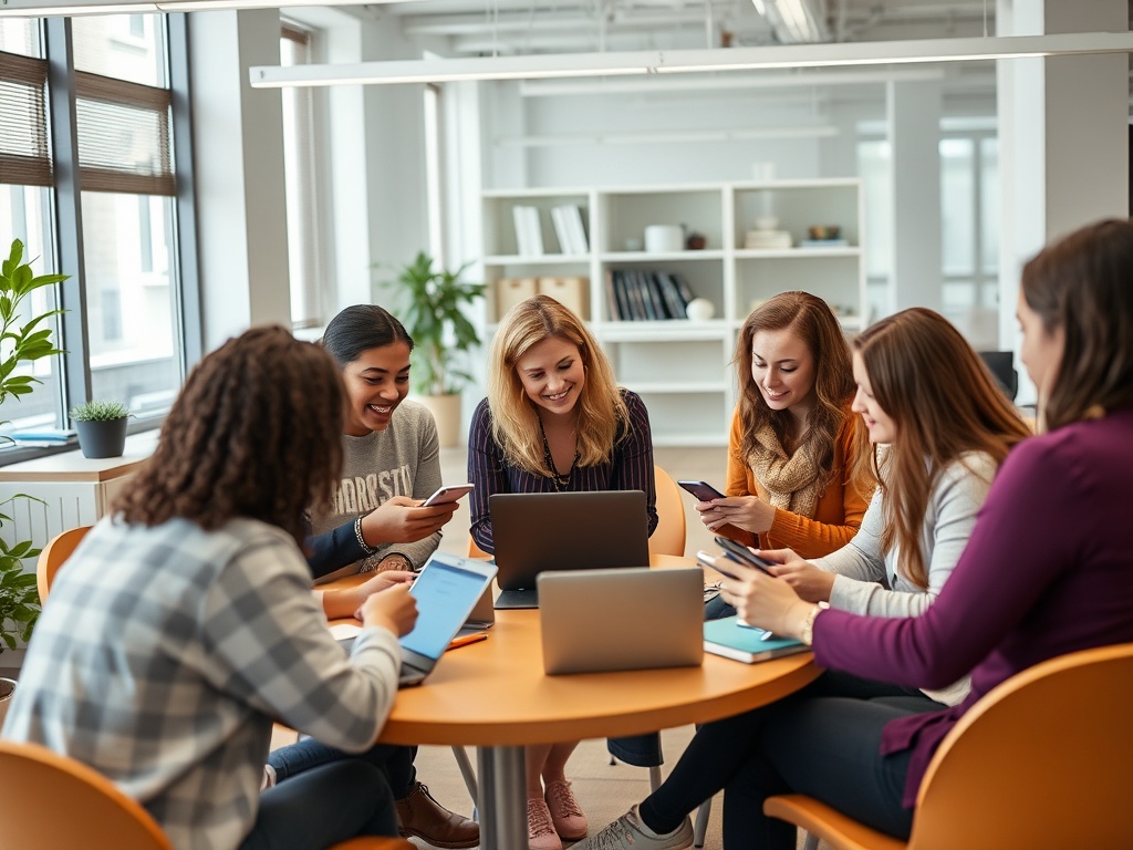 "A diverse group of adults in a bright, modern office learning digital skills; hands-on laptops, smartphones, and notebooks; warm, encouraging instructor guiding small circles."