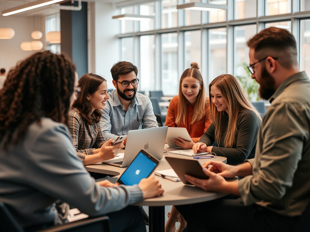 "A diverse group of adults in a bright, modern office learning digital skills; hands-on laptops, smartphones, and notebooks; warm, encouraging instructor guiding small circles."