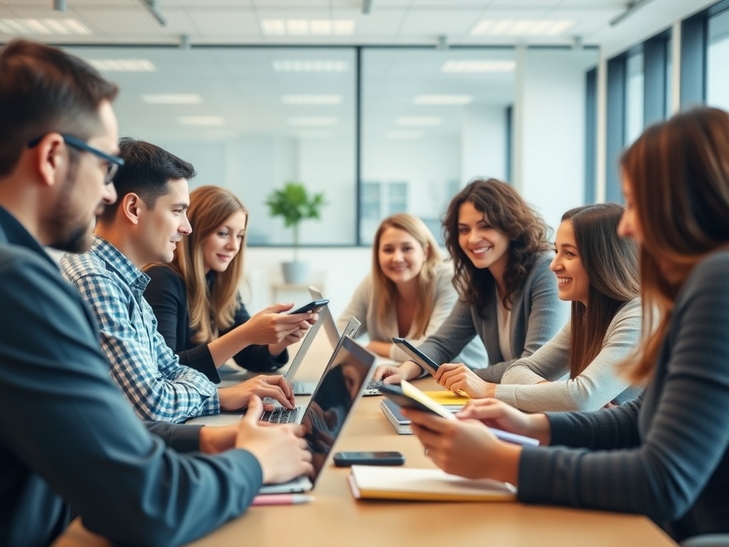 "A diverse group of adults in a bright, modern office learning digital skills; hands-on laptops, smartphones, and notebooks; warm, encouraging instructor guiding small circles."