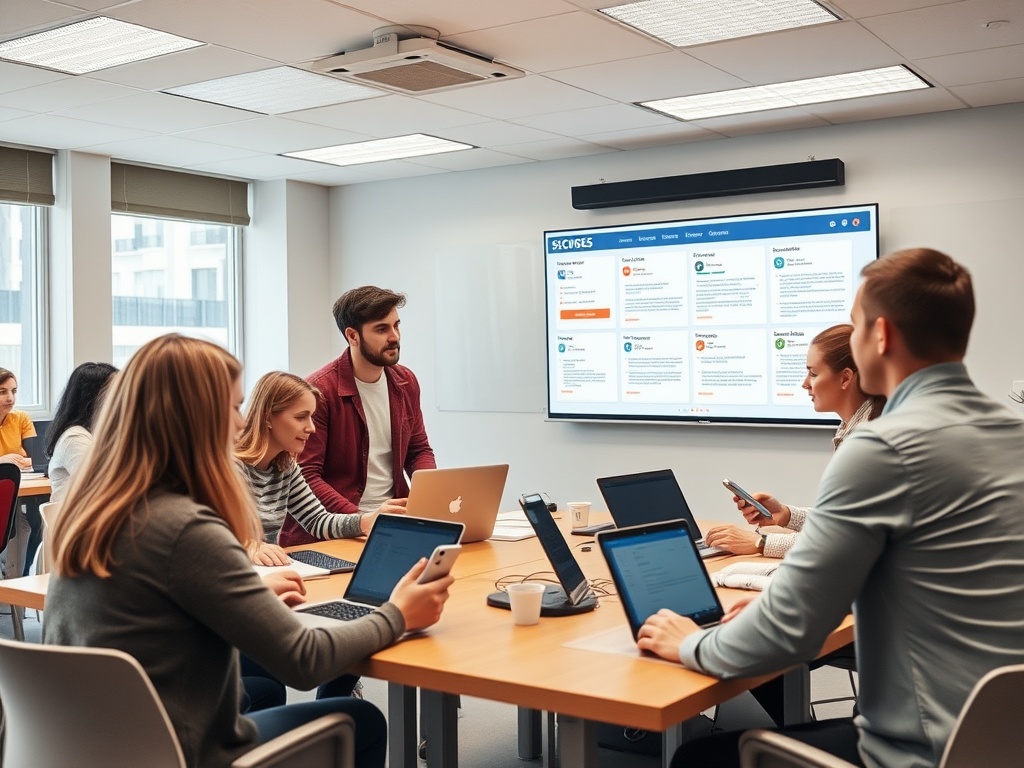 "A warm, welcoming trainer in a bright classroom guiding diverse adults; hands-on laptops, smartphones, and a large digital dashboard showing safe browsing and document tips."