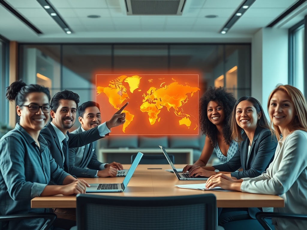 "diverse corporate team" "modern open office" "heatmap projections floating above desk" "leader pointing at glowing roadmap hologram" "calm, focused expressions" "soft natural lighting, muted teal and warm amber palette"
