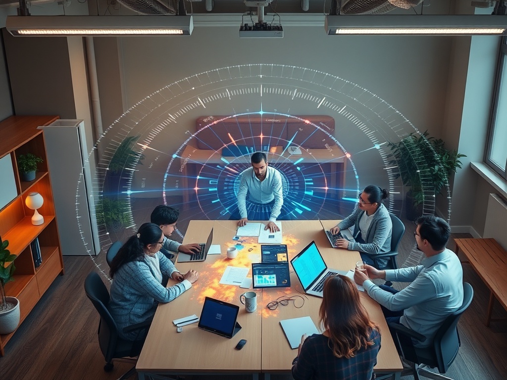 "office open-plan" "diverse team around table" "overhead stress radar hologram" "heatmap projections on desk" "calm leader guiding" "soft natural light" "muted blues and warm accents"