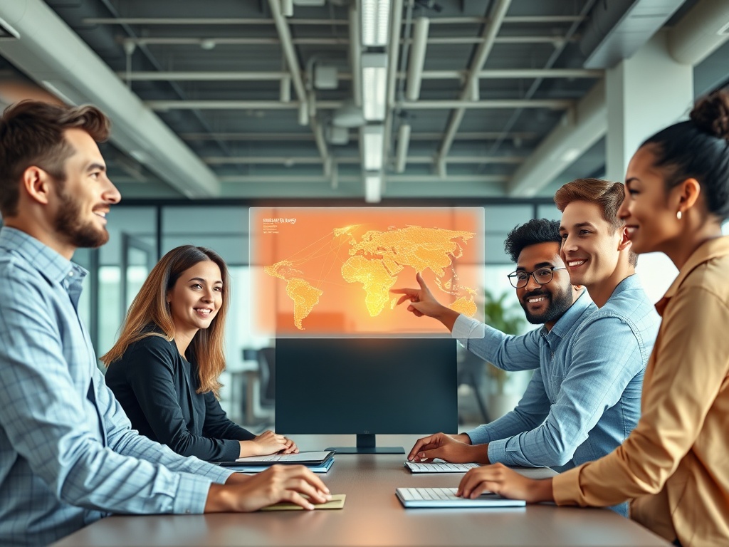 "diverse corporate team" "modern open office" "heatmap projections floating above desk" "leader pointing at glowing roadmap hologram" "calm, focused expressions" "soft natural lighting, muted teal and warm amber palette"