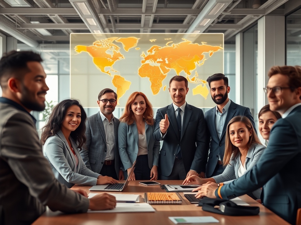 "diverse corporate team" "modern open office" "heatmap projections floating above desk" "leader pointing at glowing roadmap hologram" "calm, focused expressions" "soft natural lighting, muted teal and warm amber palette"