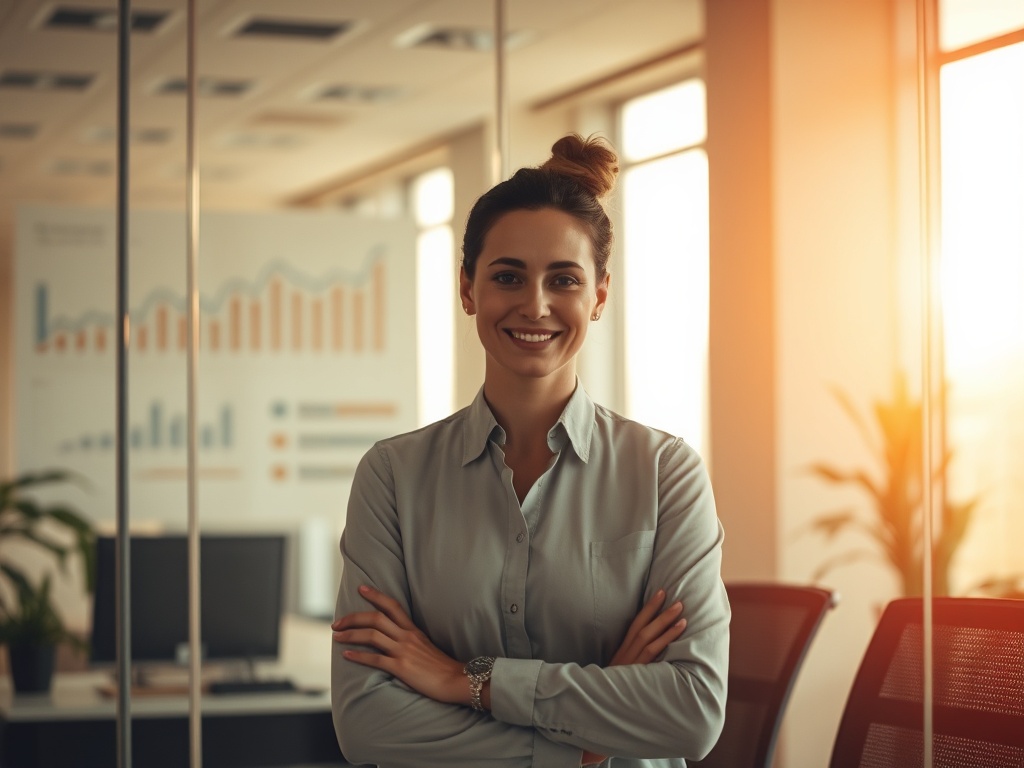 "A calm, confident professional in a modern office, a transparent glass wall showing charts and rising light, warm tones, subtle silhouettes of stress patterns dissolving."