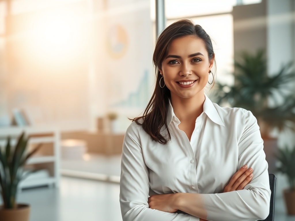 "A calm, confident professional in a modern office, a transparent glass wall showing charts and rising light, warm tones, subtle silhouettes of stress patterns dissolving."