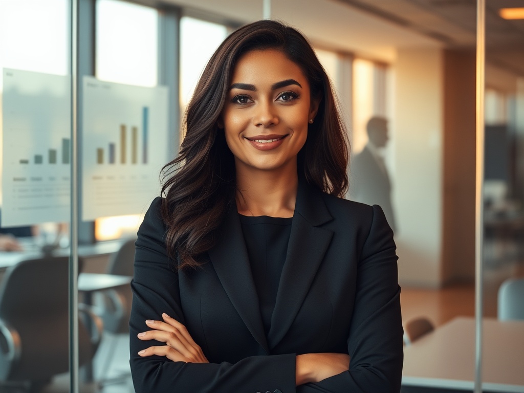 "A calm, confident professional in a modern office, a transparent glass wall showing charts and rising light, warm tones, subtle silhouettes of stress patterns dissolving."