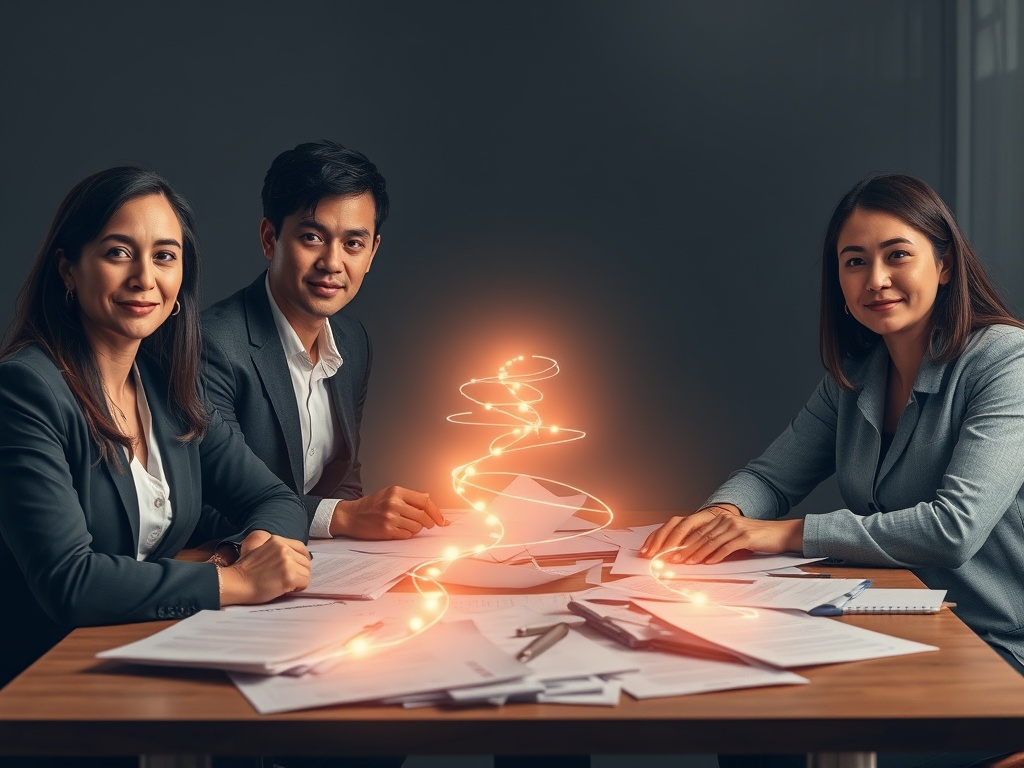 Three diverse professionals seated around a desk, calm expressions, subtle glowing pathways showing clarity emerging from tangled paperwork and shadowy stress.