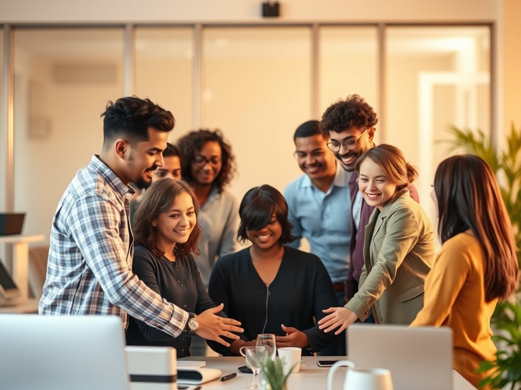 Diverse people in a calm, modern workspace forming a supportive circle, warm light, subtle nervous-system wave motifs, resilient confident mood, soft blur background