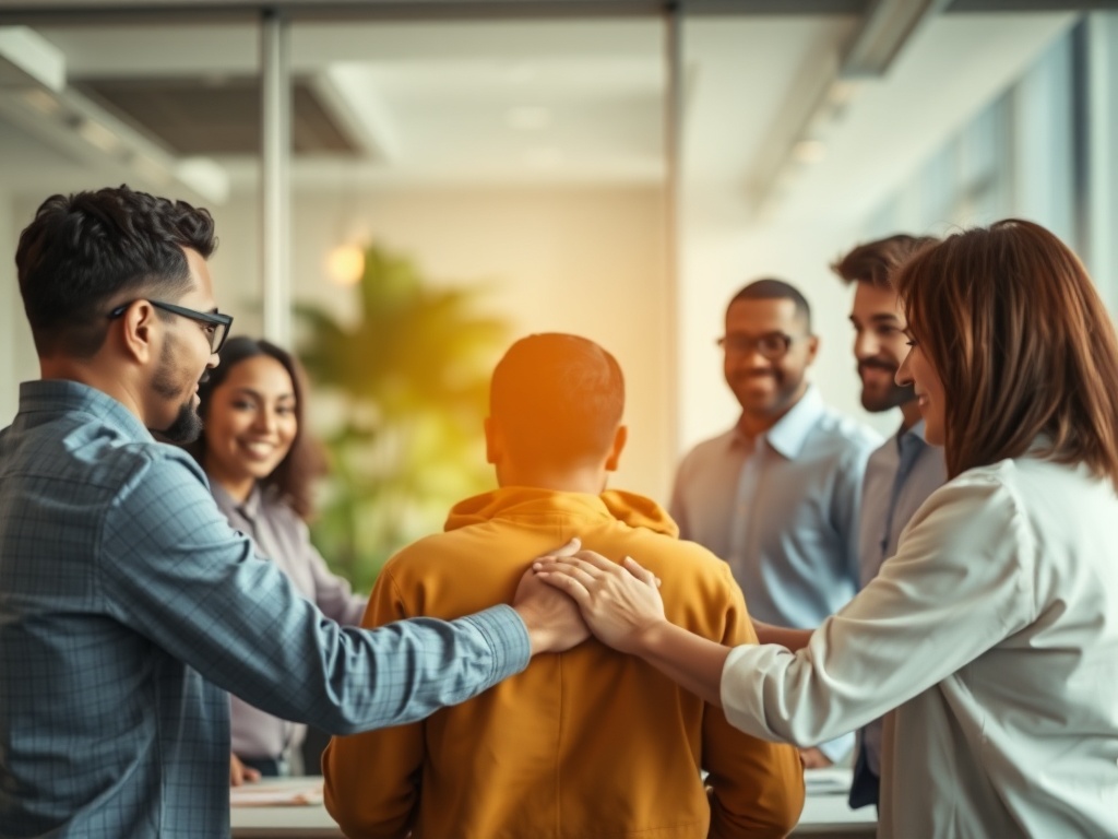 Diverse people in a calm, modern workspace forming a supportive circle, warm light, subtle nervous-system wave motifs, resilient confident mood, soft blur background