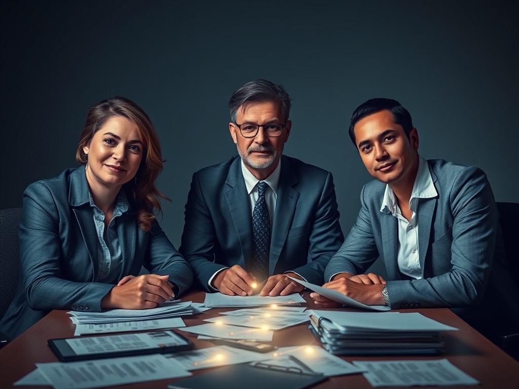 Three diverse professionals seated around a desk, calm expressions, subtle glowing pathways showing clarity emerging from tangled paperwork and shadowy stress.