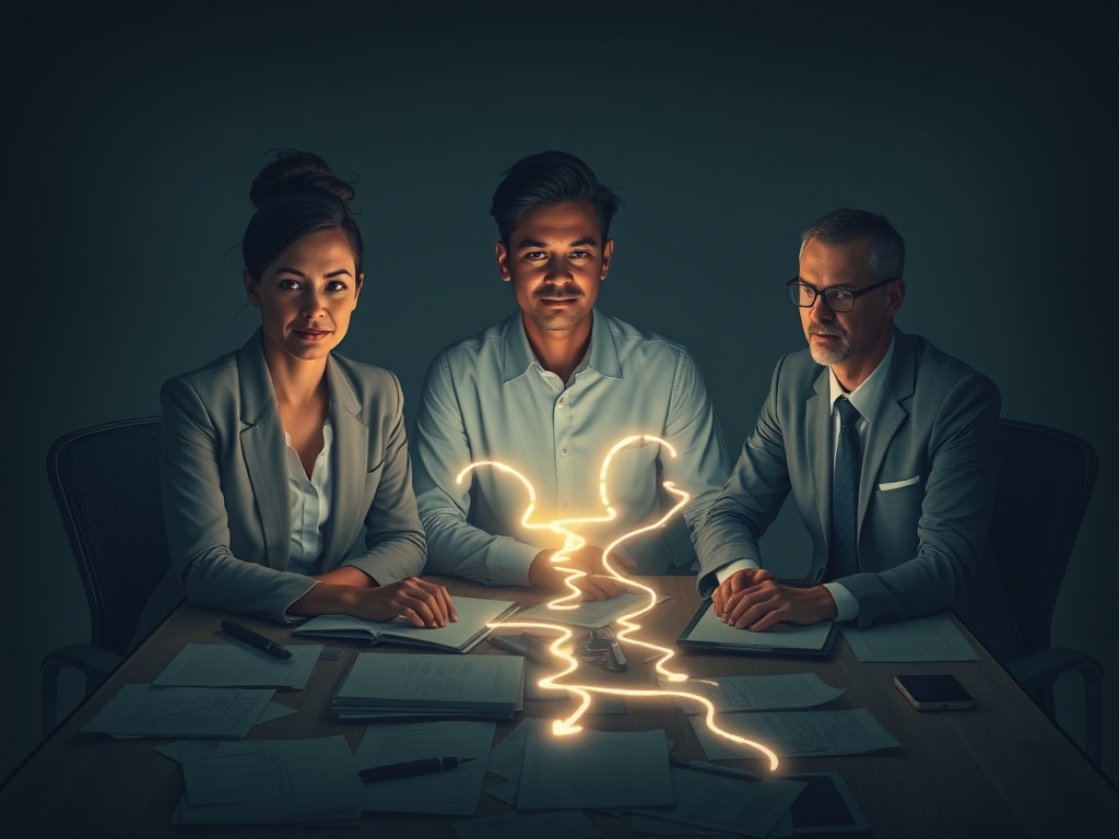 Three diverse professionals seated around a desk, calm expressions, subtle glowing pathways showing clarity emerging from tangled paperwork and shadowy stress.
