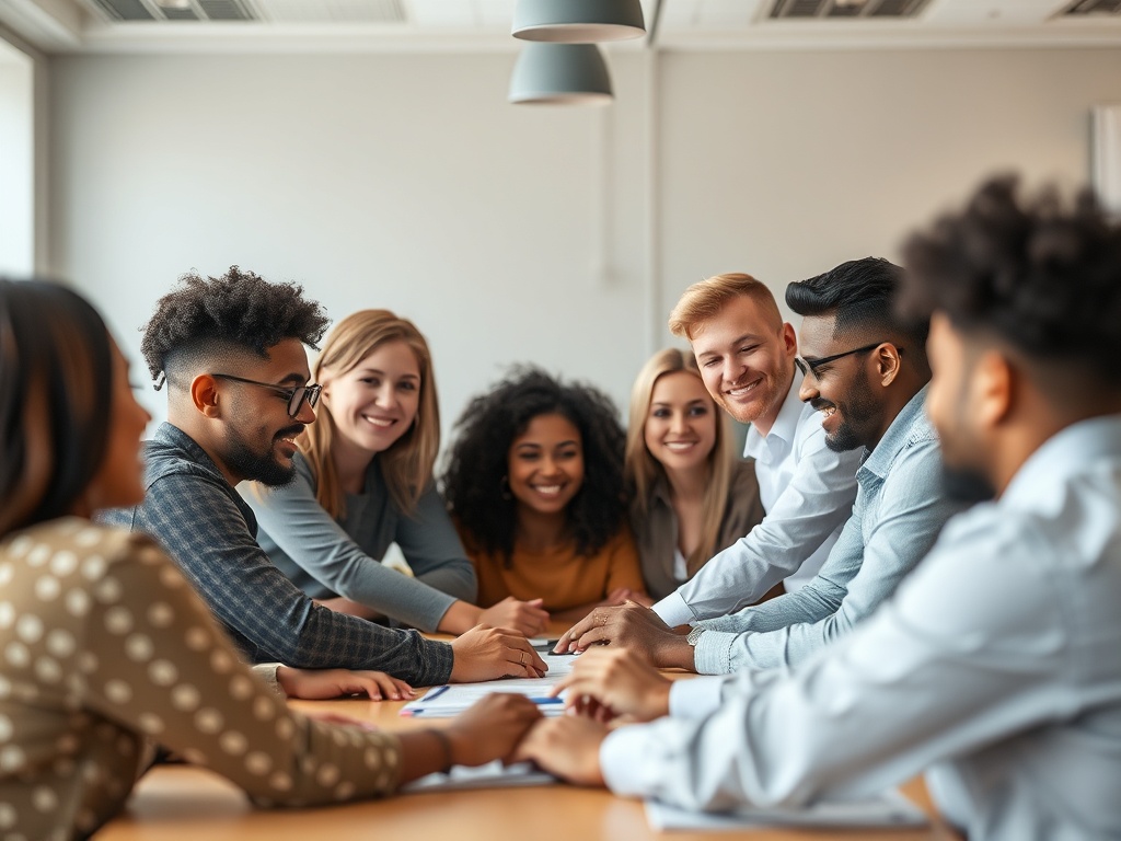 Diverse people in a calm, modern workspace forming a supportive circle, warm light, subtle nervous-system wave motifs, resilient confident mood, soft blur background
