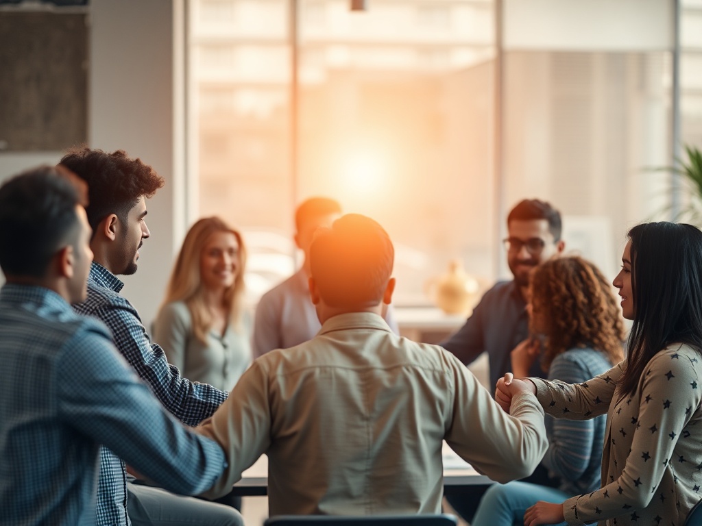 Diverse people in a calm, modern workspace forming a supportive circle, warm light, subtle nervous-system wave motifs, resilient confident mood, soft blur background