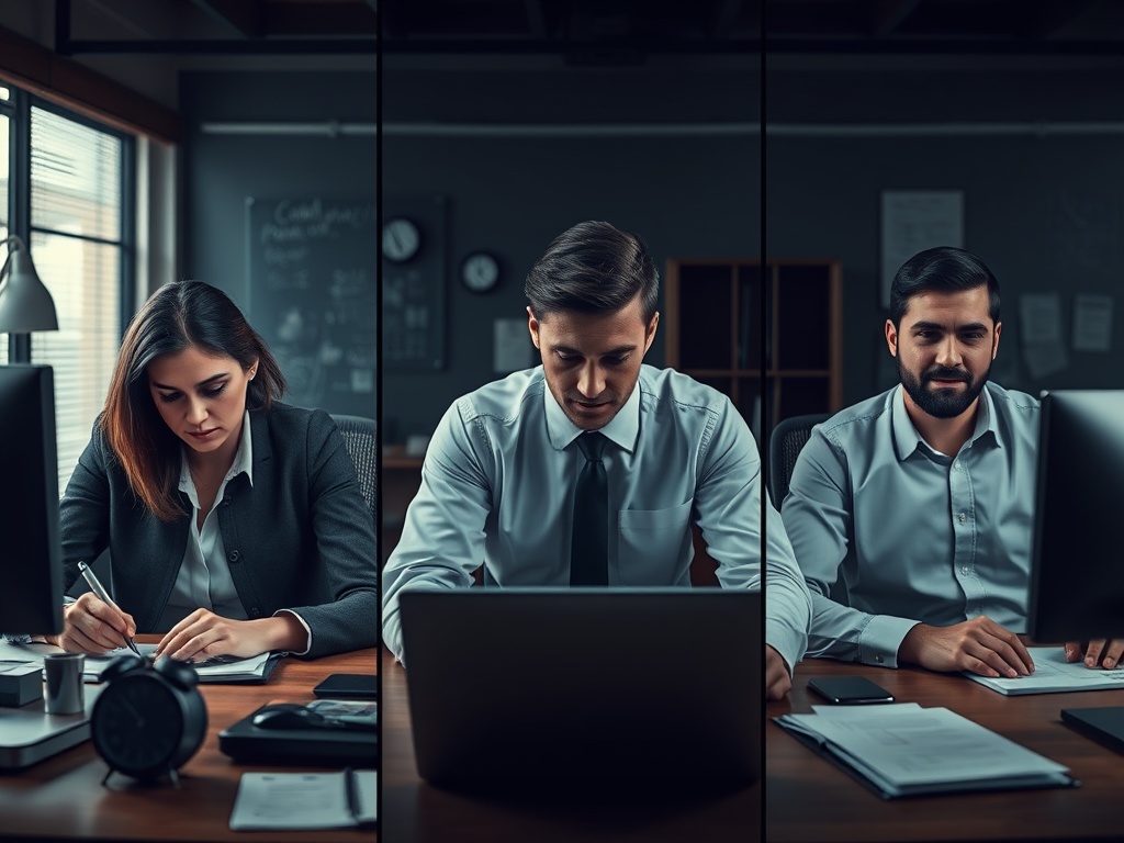 Split-screen scene showing three professionals at desks, subtle “pressure indicators” as dim clocks, scattered notes, tight facial expressions, weary posture, calmer recovery imagery.