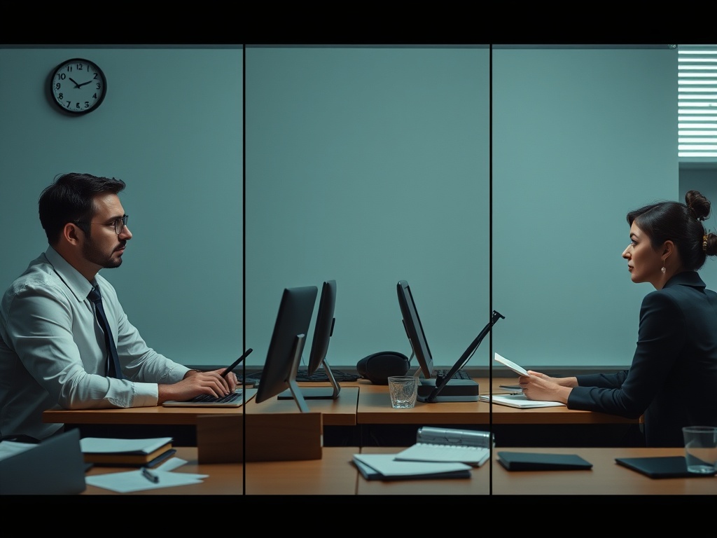 Split-screen scene showing three professionals at desks, subtle “pressure indicators” as dim clocks, scattered notes, tight facial expressions, weary posture, calmer recovery imagery.