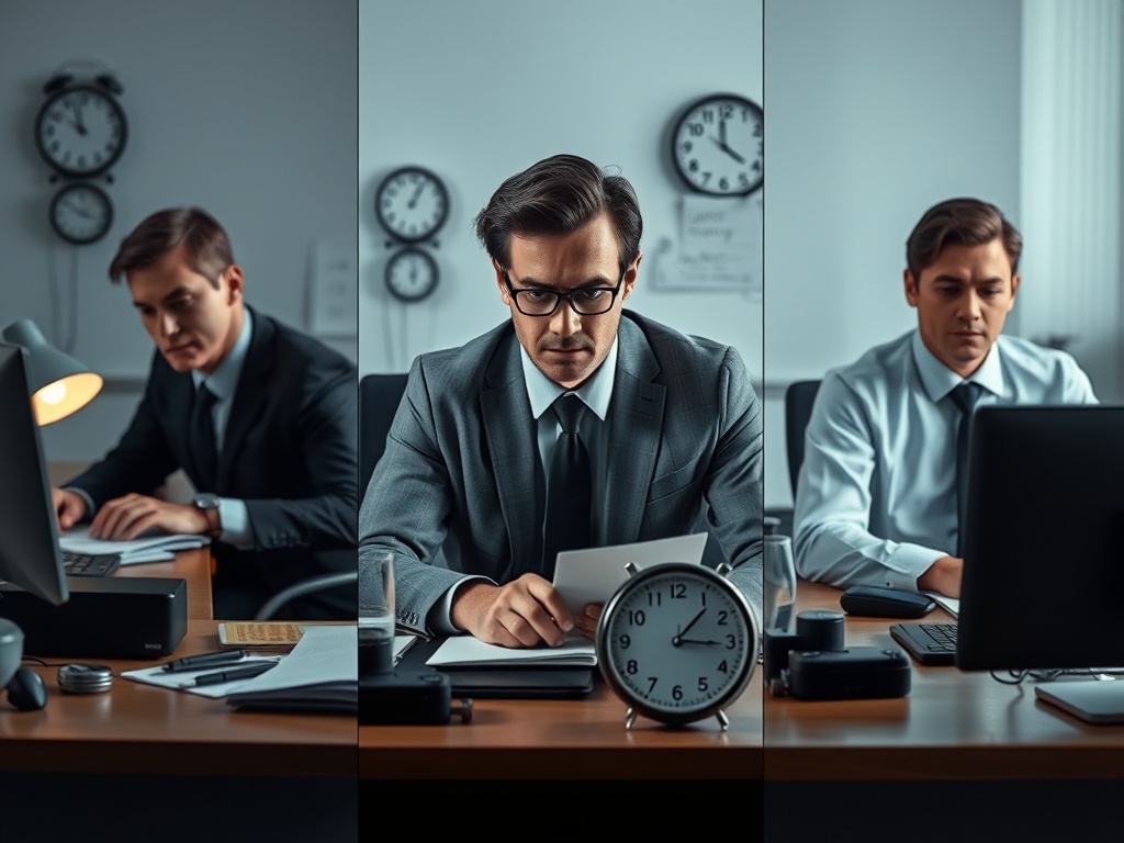Split-screen scene showing three professionals at desks, subtle “pressure indicators” as dim clocks, scattered notes, tight facial expressions, weary posture, calmer recovery imagery.