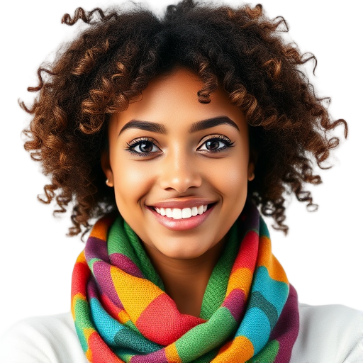 Een persoon met een glimlach en kleurrijke sjaal.