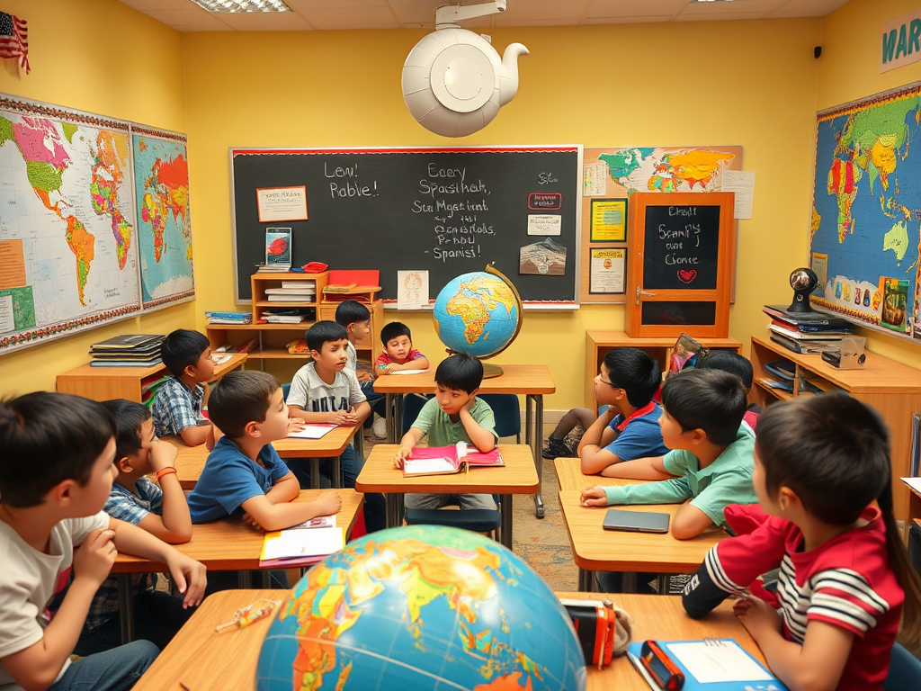 Een levendige klas met studenten tijdens een Spaanse les.