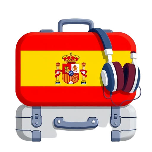 Reis koffer met de Spaanse vlag en koptelefoon.